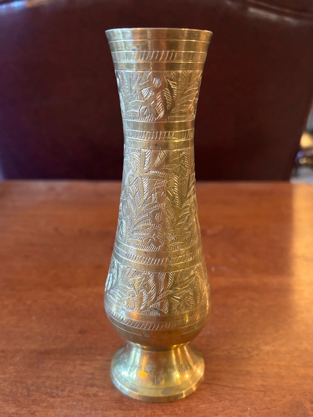vintage, hand-etched solid brass bud vase